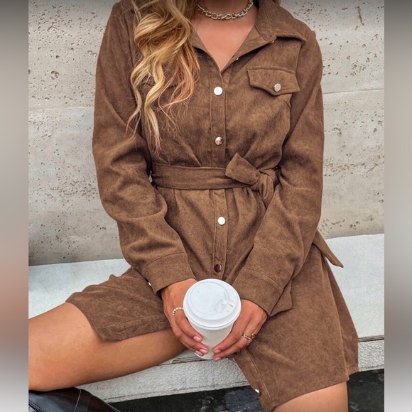 Corduroy belted button down skirt dress - Picture 6 of 7